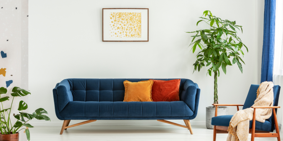 example of mid century modern furniture blue couch and chair