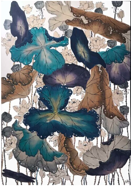 lotus blossom painting in ink and watercolor by Nha Vuu