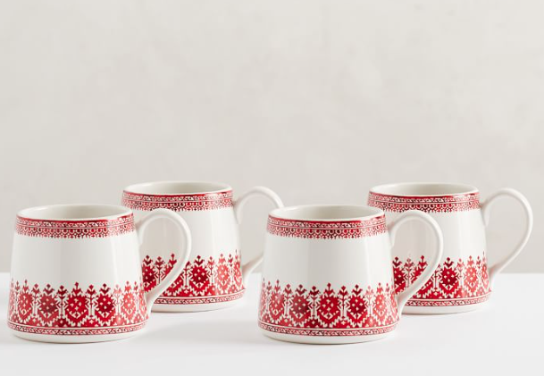 4 stoneware mugs with red fair-isle pattern